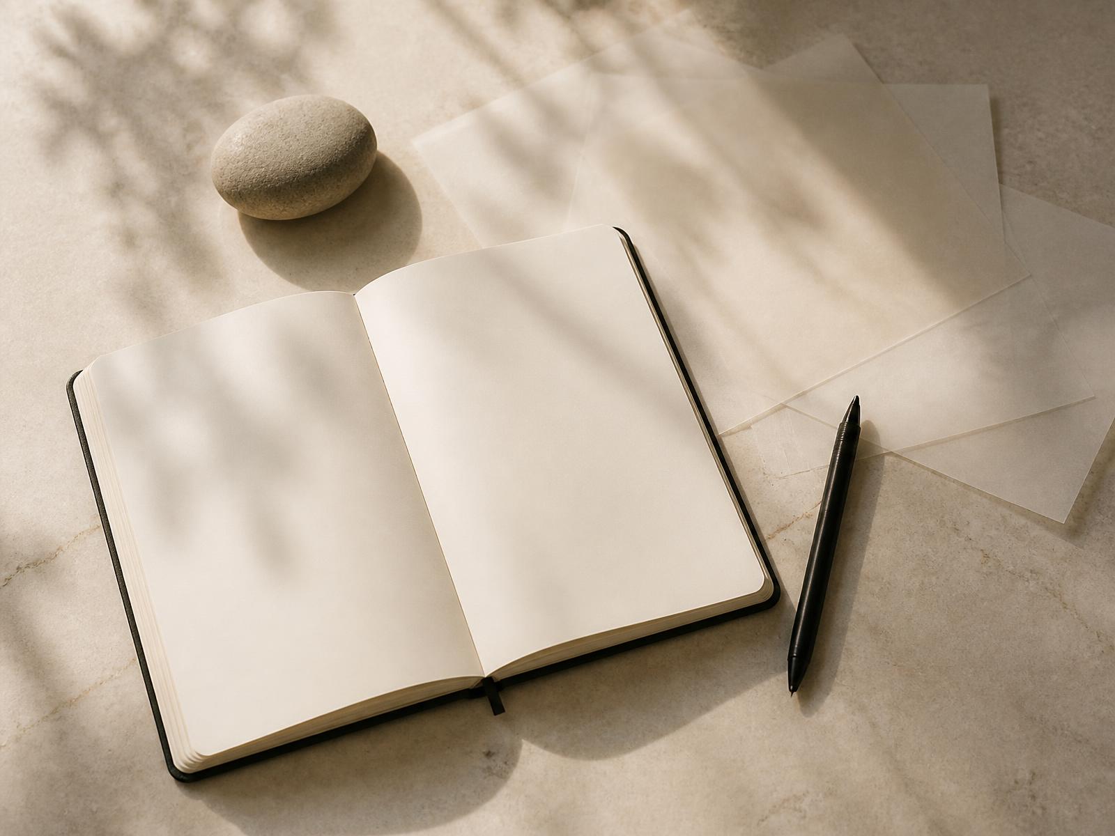 Open notebook, pen, stone, and vellum sheets on a pale stone surface in soft natural light