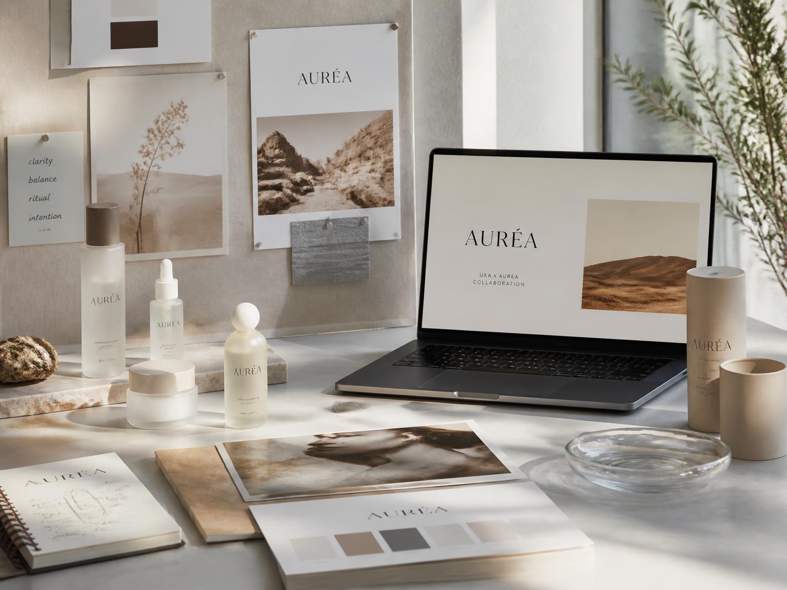 Clean beauty brand collaboration studio with skincare packaging, mood board, and laptop
