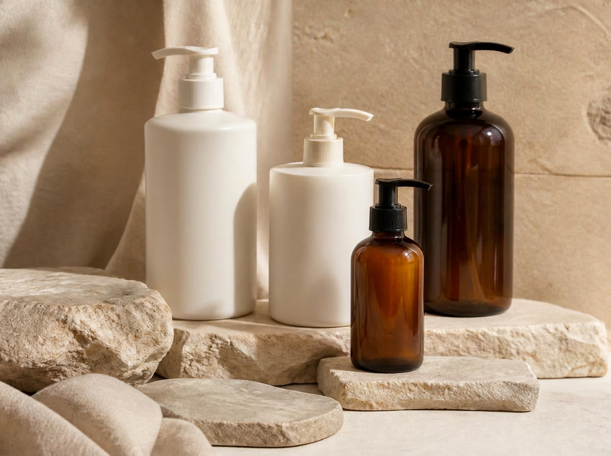 Professional skincare bottles, jars, and treatment-size containers on warm stone