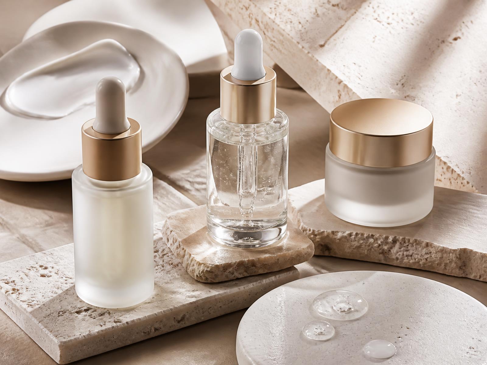 Luxury serum droppers and skincare jars with cream textures on layered stone