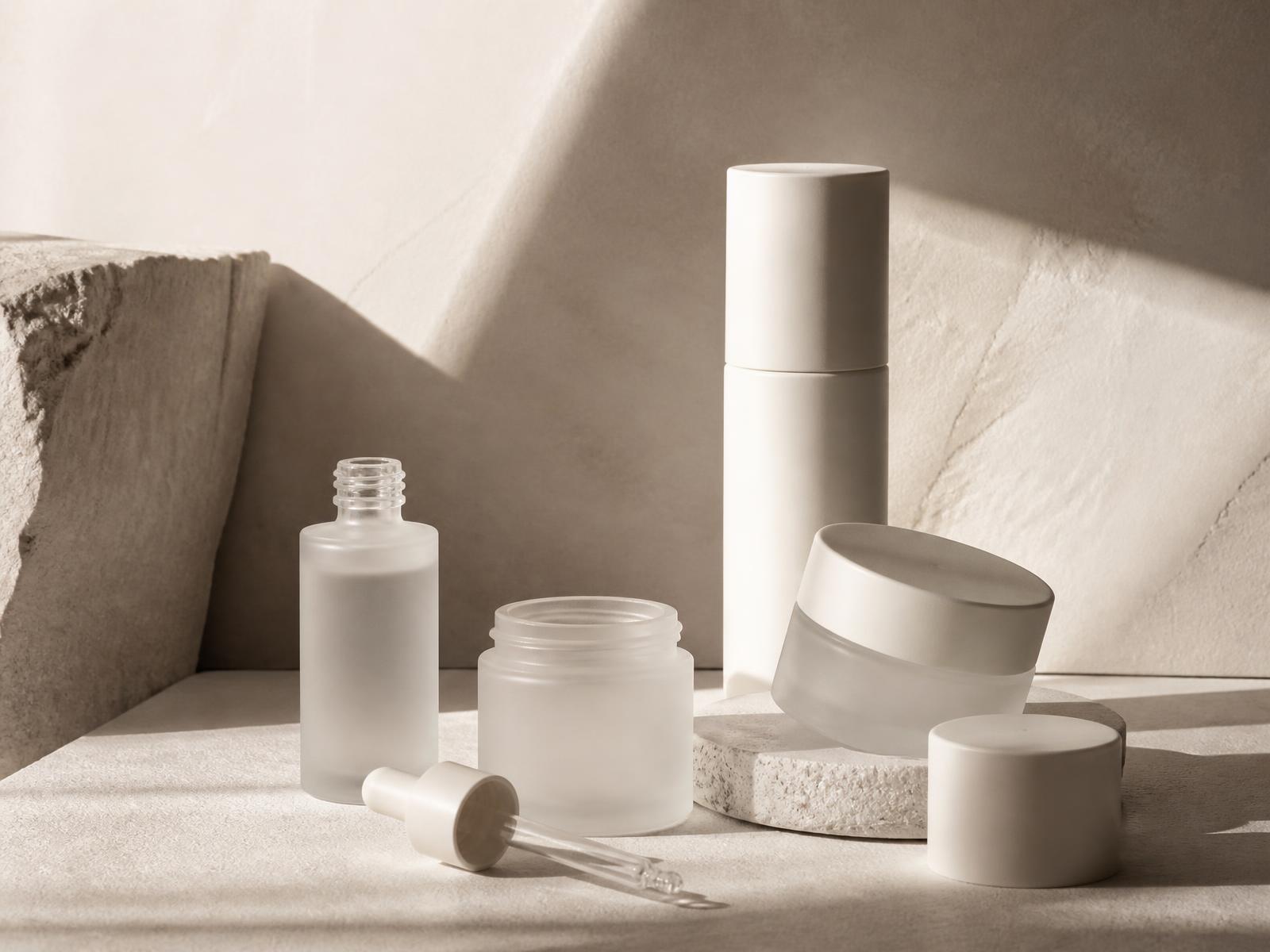 Unbranded frosted glass and matte skincare packaging components on stone